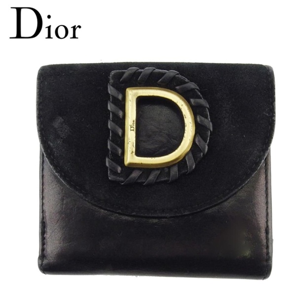 Dior W Hook Wallet Bi-Fold Mini Wallet D Mark Black Gold Leather x Suede Dior - Picture 1 of 9
